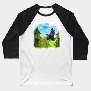 Happy Raven flying through the forest Baseball T-Shirt